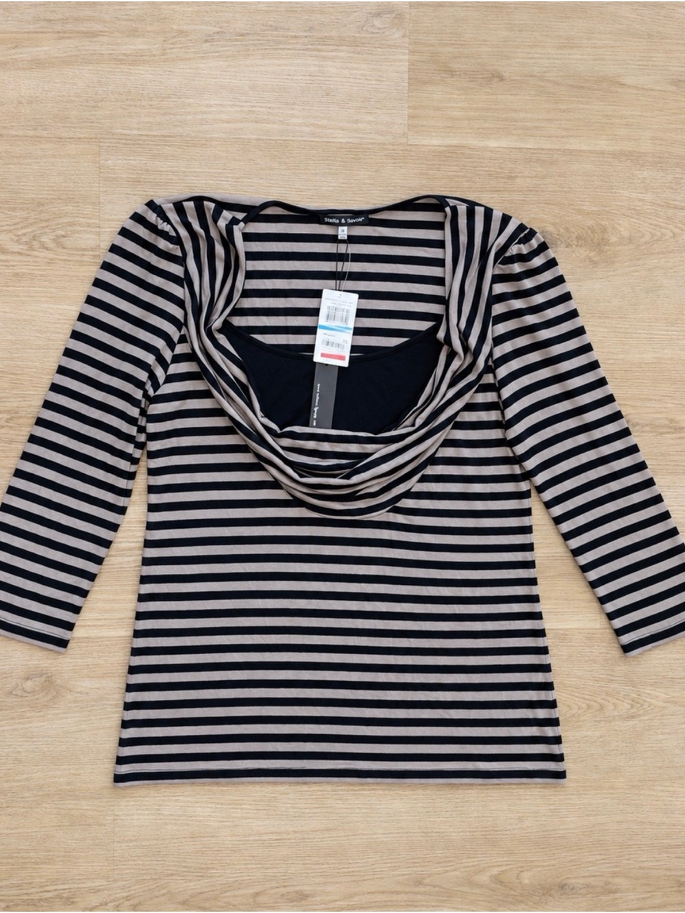 Cable & Gauge Black and Taupe Striped Cowl Neck Sweater